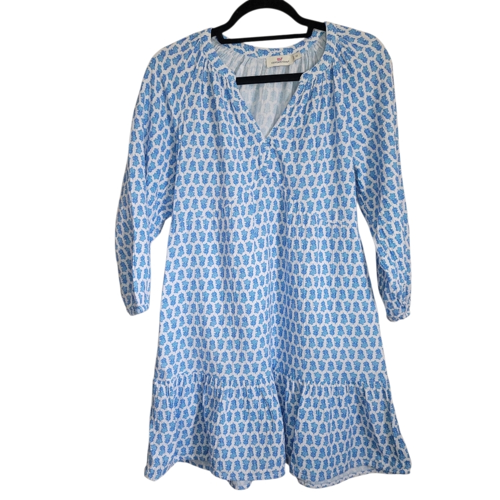 Vineyard Vines Seastitch Block Print Tiered Cotton Mini Dress Blue Coastal XS - Picture 5 of 14
